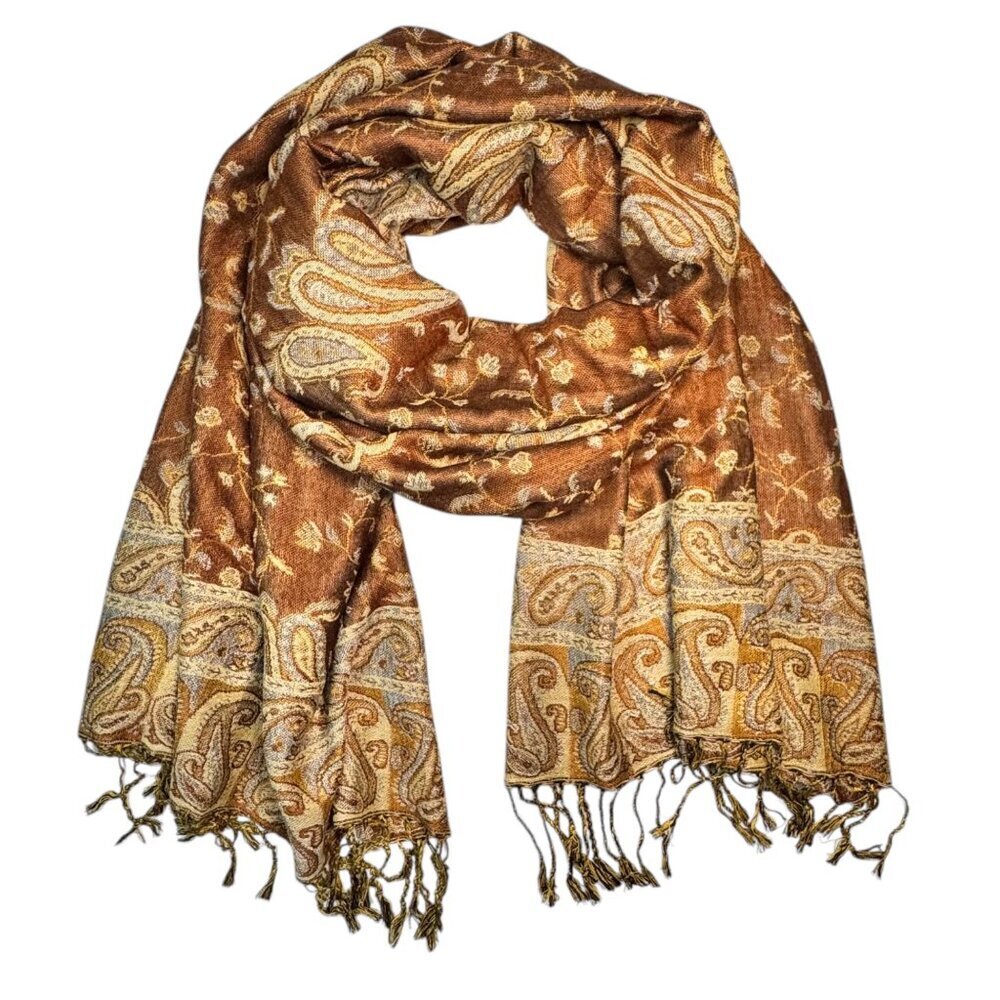 New Large Paisley Scarf Wrap Pashmina Brown Cream Fringe Classic - Picture 2 of 9